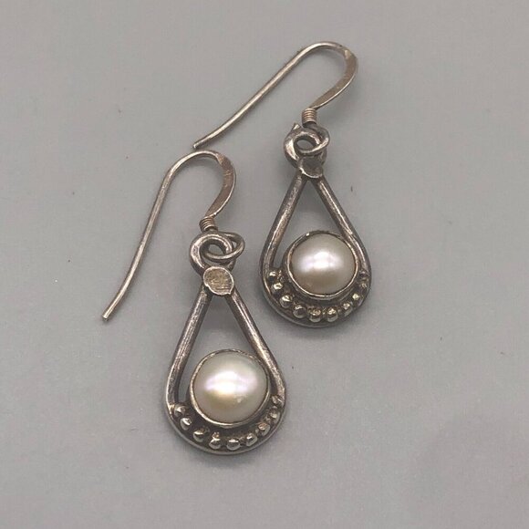 Sterling Silver Earrings Faux Pearl Teardrop Dangle Pierced Dainty 1" - Picture 2 of 8